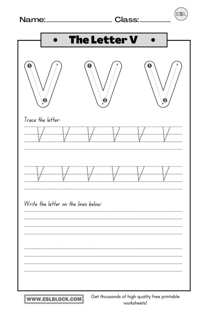 Practice Tracing the Letter V Worksheet Number 16 Pre-K worksheet with tracing lines and the letter V for fine motor development