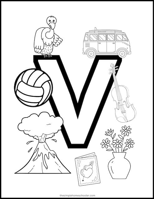 Worksheet for identifying words that begin with the letter V for young learners