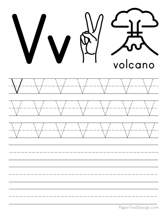 Practice Tracing the Letter V Worksheet Number 19 Pre-K worksheet showing dotted guide lines and the letter V for tracing practice