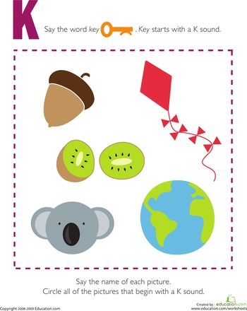 Worksheet featuring objects that start with the letter K for Pre-K students