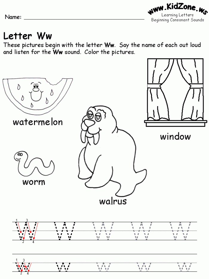 Pre-K phonics worksheet for identifying words and pictures that begin with the letter W