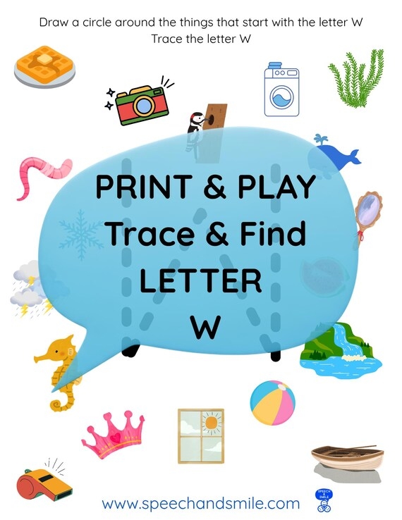 Pre-K phonics worksheet for identifying words and pictures that start with the letter W