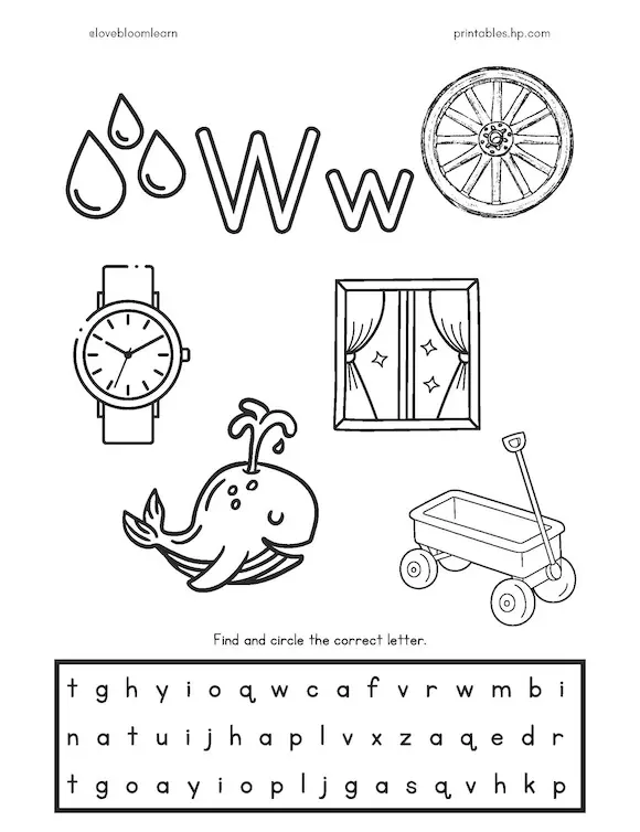 Worksheet featuring objects that begin with the letter W for pre-K learning