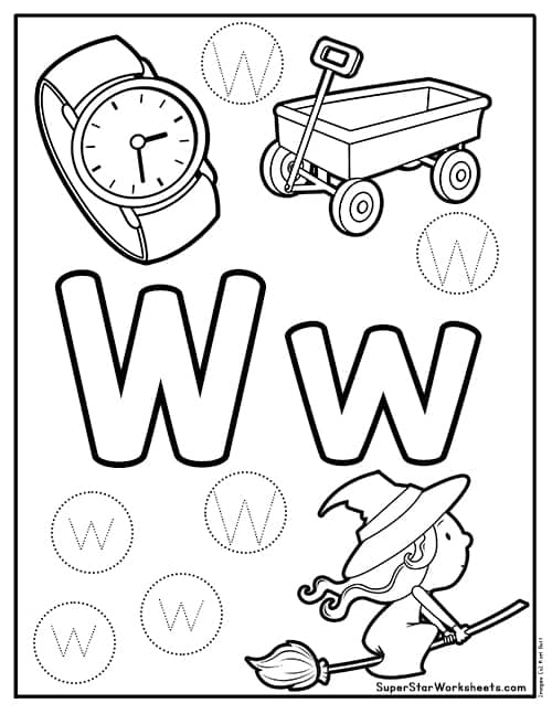 Worksheet featuring words that begin with the letter W for early learners