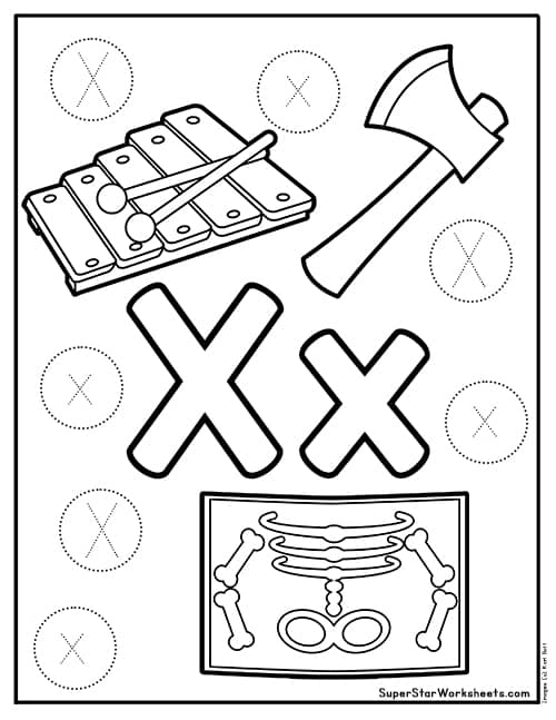 Worksheet showcasing words that begin with the letter X for young learners