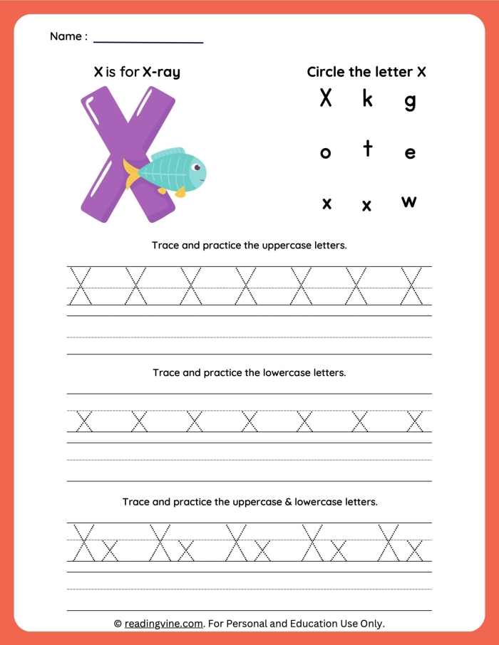 Pre-K worksheet activity identifying words that start with the letter X