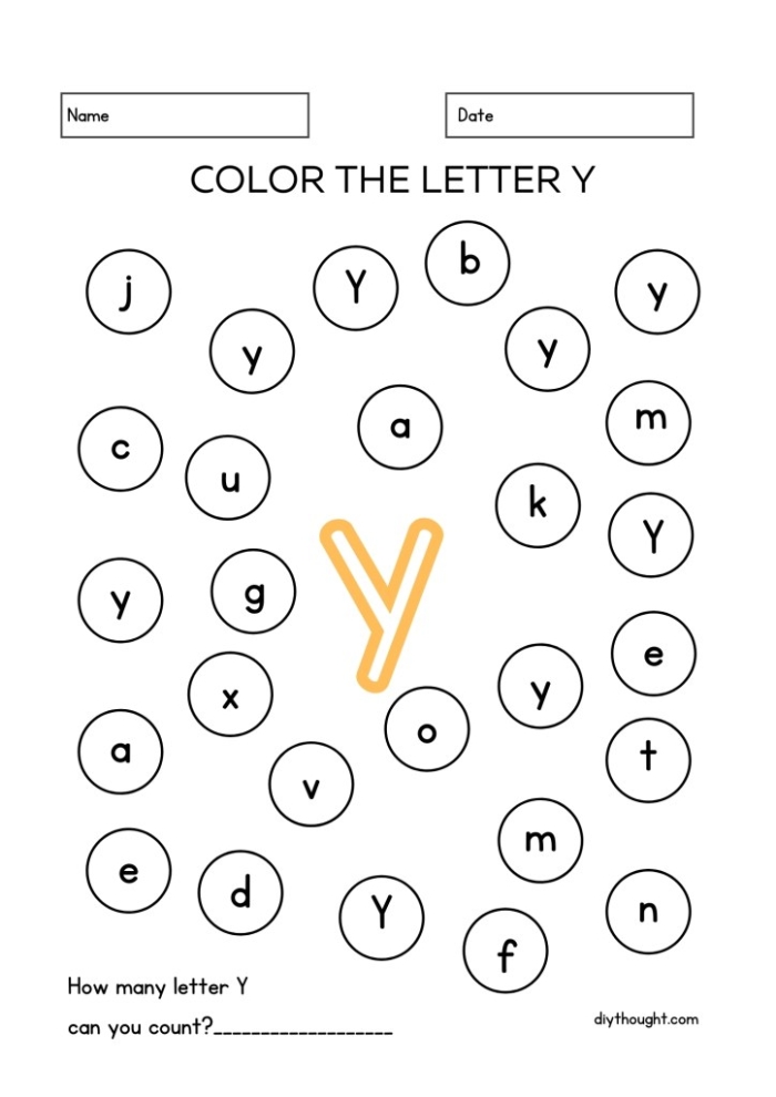 Worksheet featuring activities for identifying words that begin with the letter Y