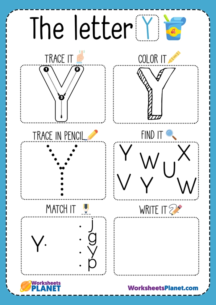 Letter Y practice worksheet for kids featuring words that start with the letter Y
