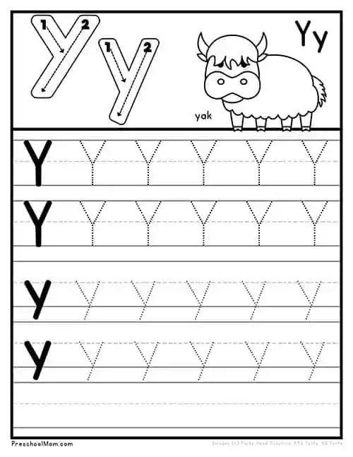 Worksheet activity for preschoolers to identify words beginning with the letter Y
