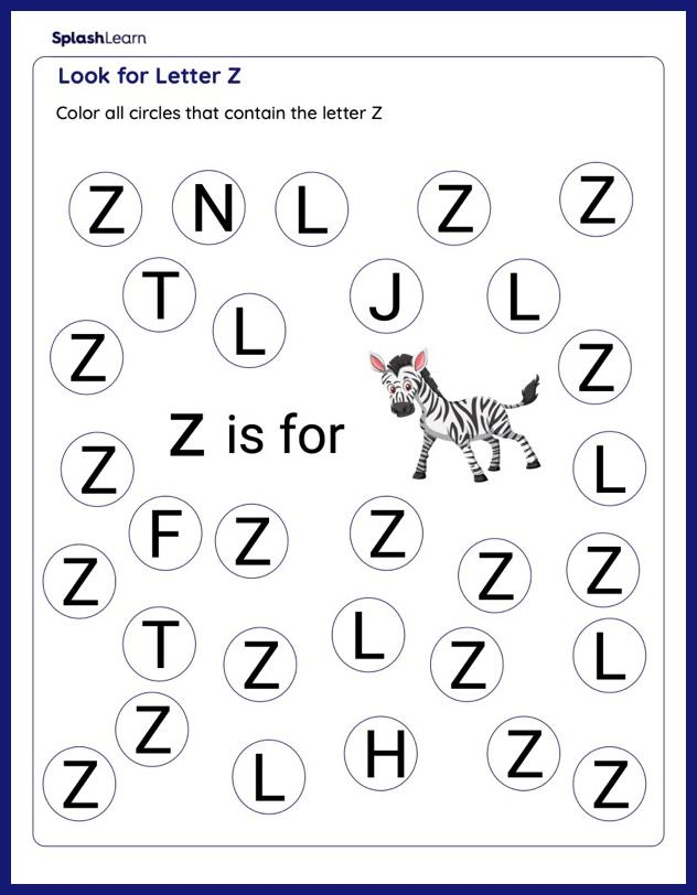Worksheet showcasing various objects that begin with the letter Z for Pre-K students
