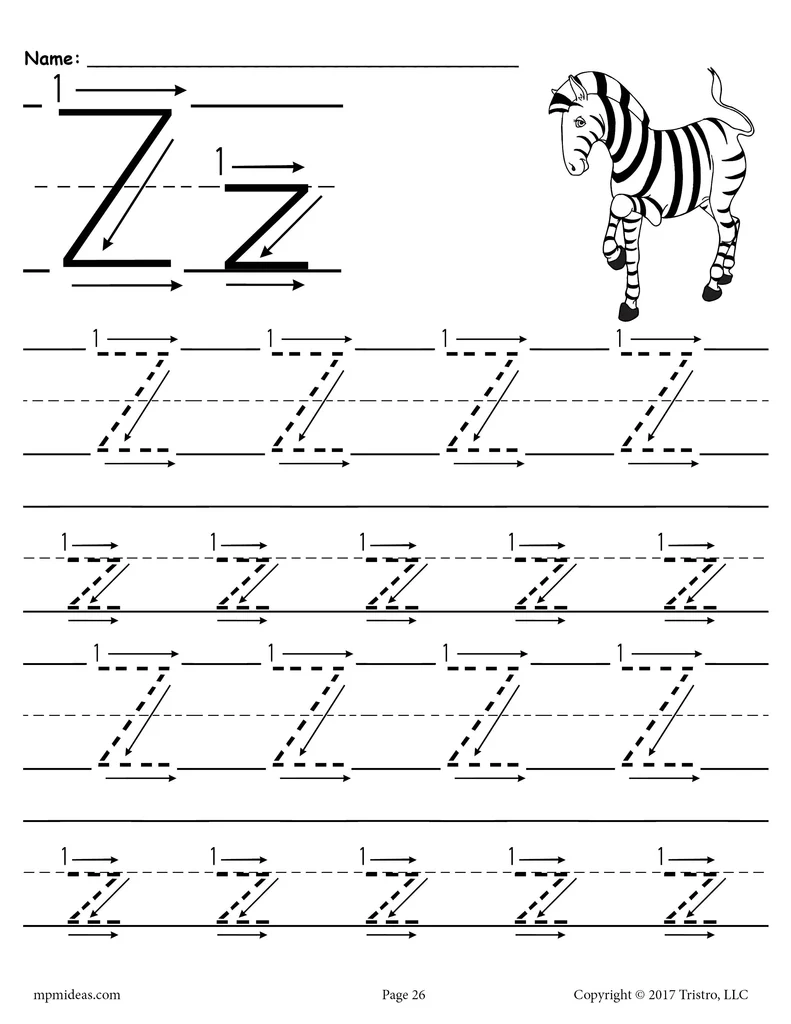 Worksheet for practicing tracing the letter Z for Pre-K students