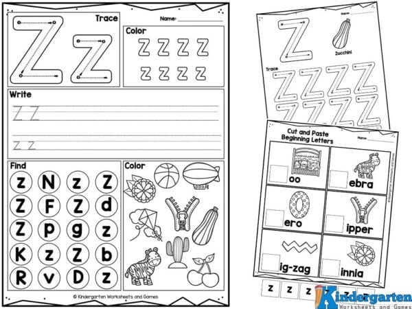 Worksheet featuring items that begin with the letter Z for Pre-K students