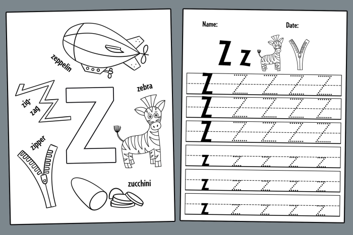 Worksheet featuring the Letter Z for preschoolers to identify words starting with Z