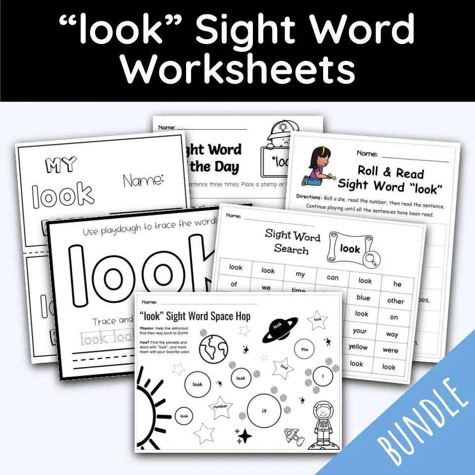 Colorful worksheet featuring a fun sight word activity to learn "look" with animal parts
