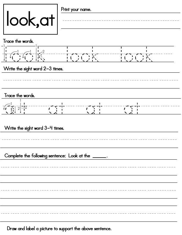 Colorful worksheet featuring the sight word "look" decorated with playful animal parts for Pre-K learners. Engaging art activity for kids to enhance their reading skills by exploring sight words.