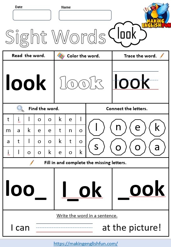 Colorful worksheet featuring the word "look" adorned with playful animal parts for preschool children. Engaging art activity focused on learning sight words for Pre-K students.