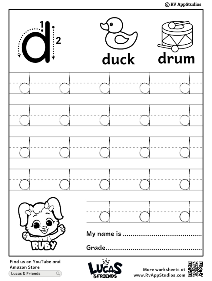 Lowercase d recognition worksheet for preschool learners featuring a dog theme. A fun worksheet helping Pre-K students locate lowercase d's while aiding a dog.