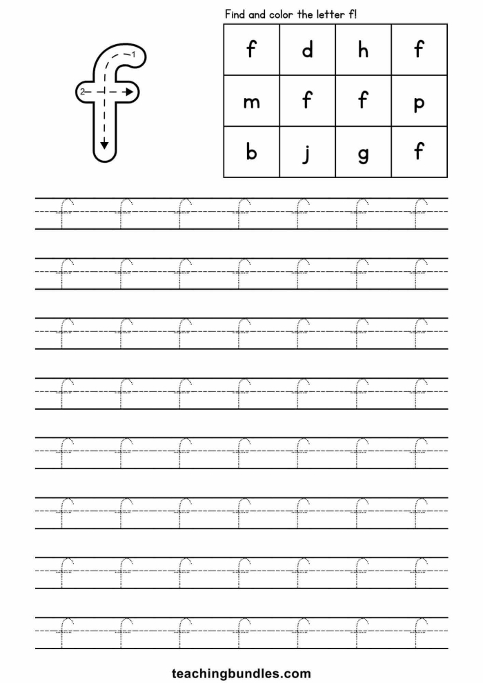 Tracing Lowercase Letters f and t Practice Page 6 Pre-K worksheet with dashed lines for tracing lowercase letters f and t