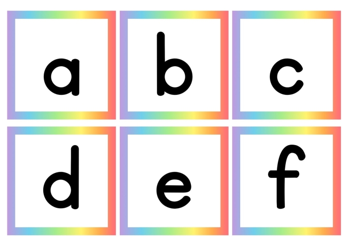 Printable lowercase alphabet flash card set 3 for early childhood literacy development Pre-K worksheet featuring colorful lowercase alphabet flash cards from a to z for letter recognition practice