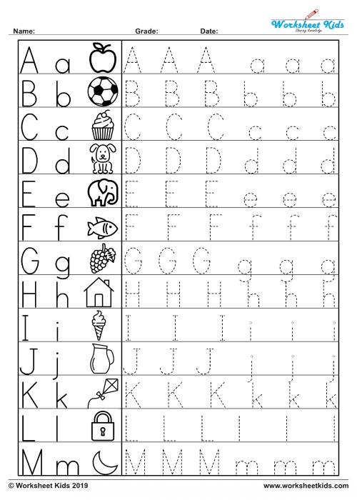 Pre-K worksheet showing alphabet blocks for tracing lowercase letters from a to z
