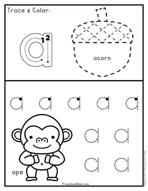 Tracing worksheet for lowercase letters c, o, and a with curvy lines for young learners