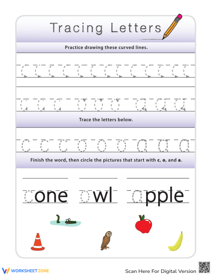 Tracing worksheet for practicing lowercase letters c, o, and a in Pre-K handwriting