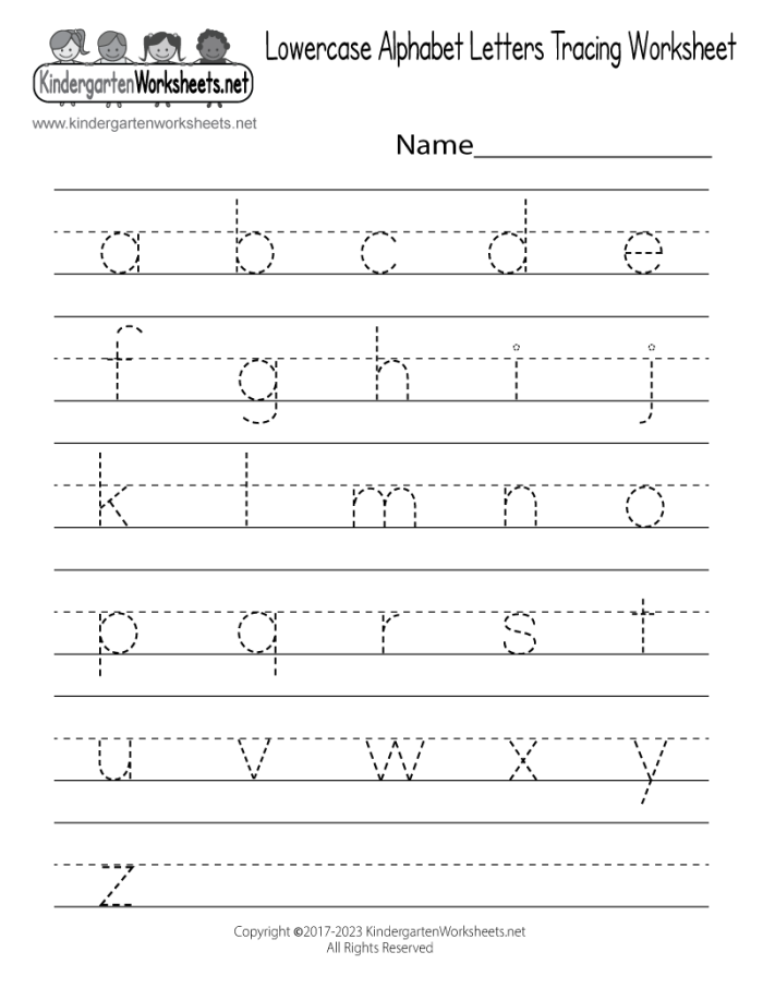 Pre-K student tracing lowercase letters A through Z on a colorful alphabet blocks worksheet