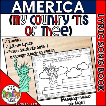 Lyrics worksheet for "My Country 'Tis of Thee" with coloring activities for Pre-K students