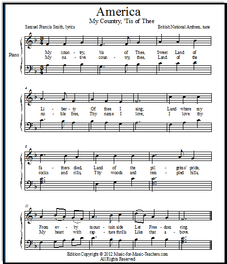 Lyrics worksheet for "My Country 'Tis of Thee" designed for Pre-K students to color.