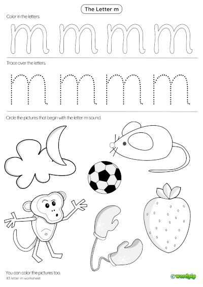Pre-K phonics worksheet for identifying objects that begin with the letter M