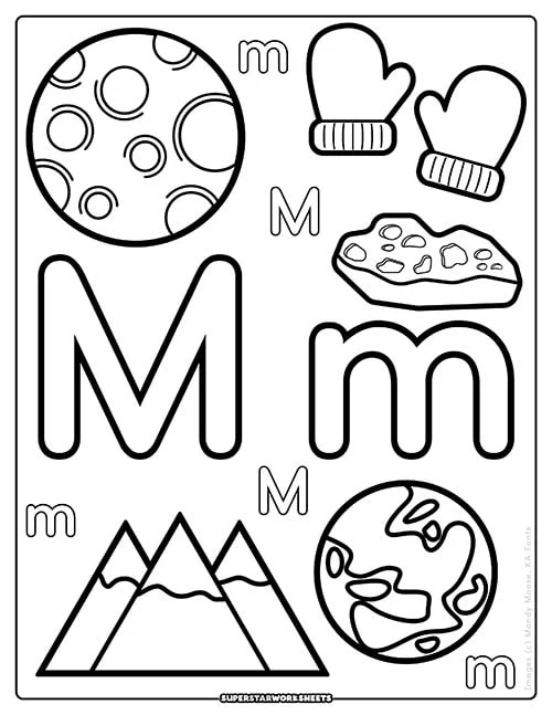 Interactive Letter M activity for preschool, kindergarten, and first-grade students Worksheet featuring words that begin with the letter M for young learners