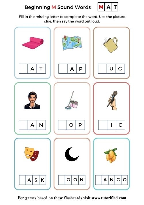 Pre-K phonics worksheet for practicing the letter M sound by identifying matching pictures