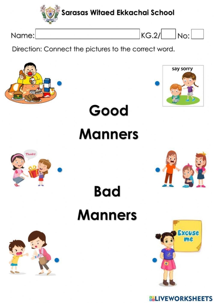 Engaging worksheet to teach basic etiquette skills to young learners Manners worksheet designed for Pre-K children to learn polite behavior