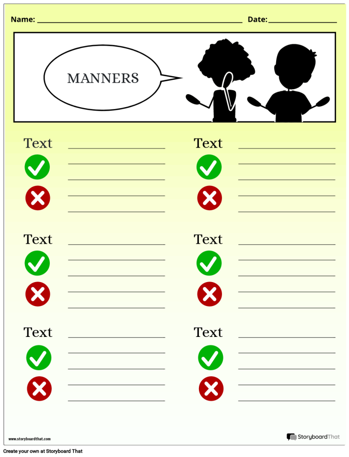 Illustration of a fun manners worksheet focusing on basic etiquette skills Manners worksheet designed for Pre-K children to learn polite behavior
