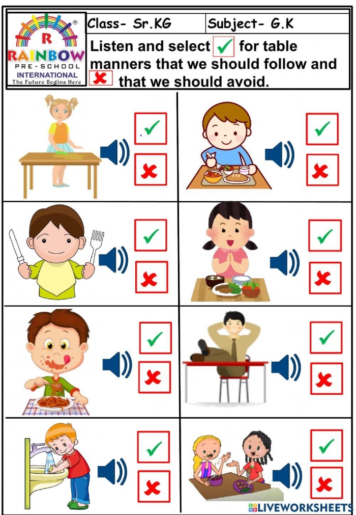 Teaching Manners Worksheet for Pre-K Reading Skills 12 Pre-K manners worksheet featuring colorful illustrations to teach young children basic polite habits