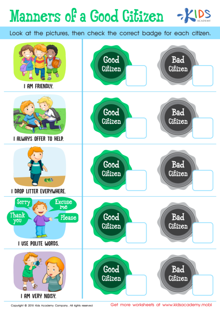 Engaging manners worksheet for young learners to understand basic etiquette skills Manners worksheet designed for Pre-K children to learn polite behavior and helpfulness