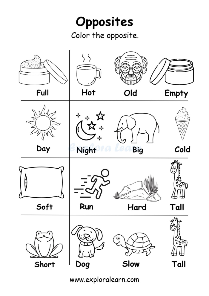 Pre-K worksheet with colorful images for teaching opposite pairs through matching