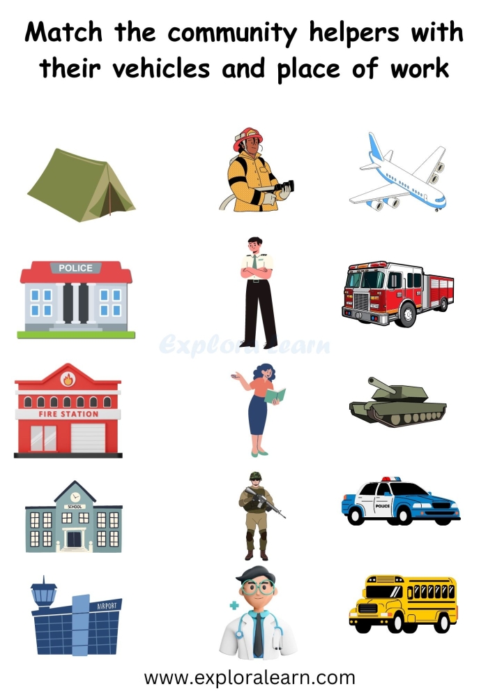 Colorful worksheet depicting community helpers and their vehicles for young learners