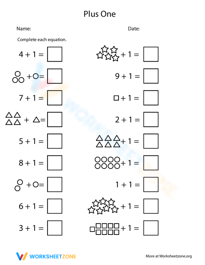 Plus One Addition Practice for Pre-K Students Learning Simple Math A cartoon illustration showing colorful objects with numbers demonstrating the plus one addition concept for early learners