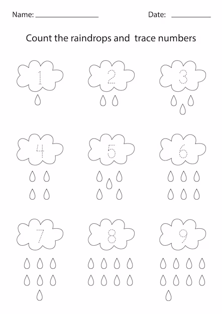Counting Raindrops worksheet for Pre-K students, featuring rows of raindrops to count and match with numbers. Educational activity image for early reading and math skills development.