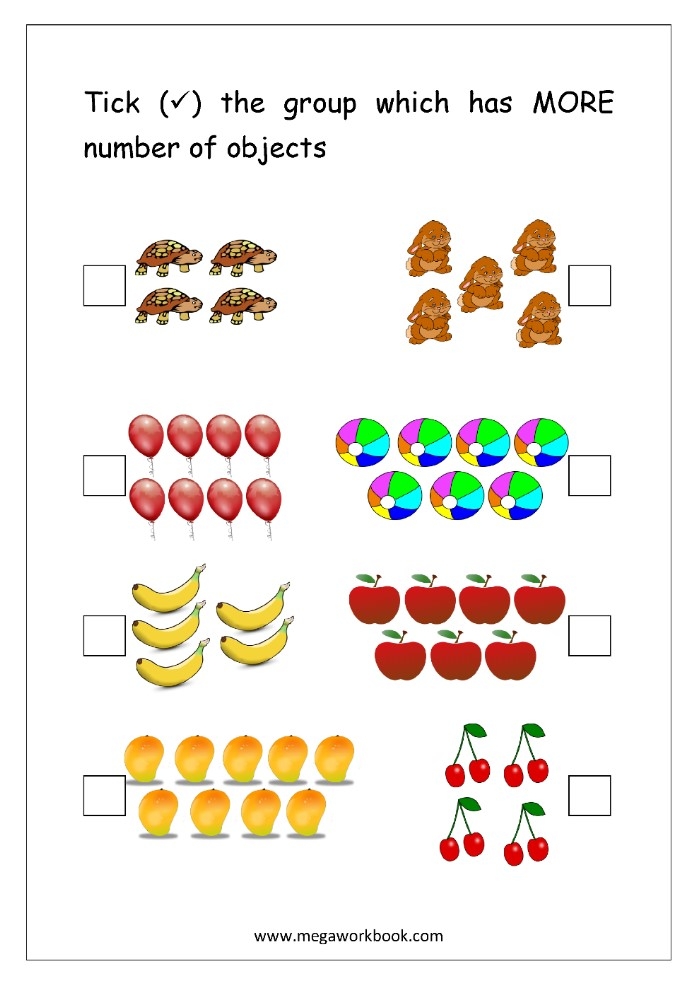 Pre-K printable worksheet for comparing groups of shapes to learn more or less