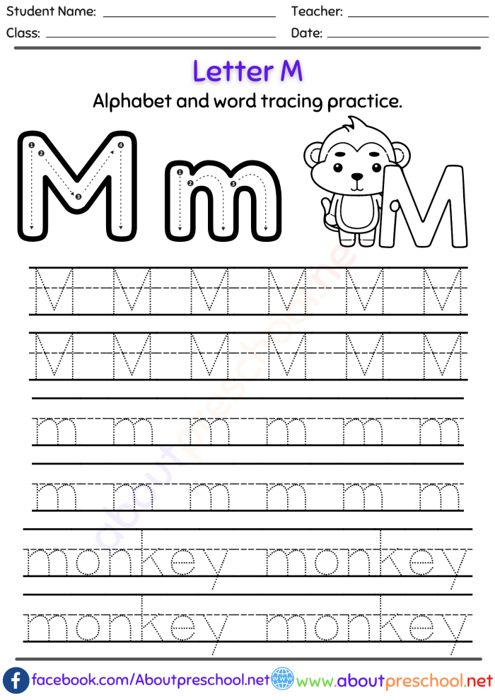 Practice Tracing the Letter M worksheet for Pre-K students Kids practicing fine motor skills by tracing the letter M on a fun worksheet