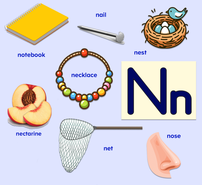 Pre-K worksheet page featuring various illustrations for children to identify objects starting with the letter N