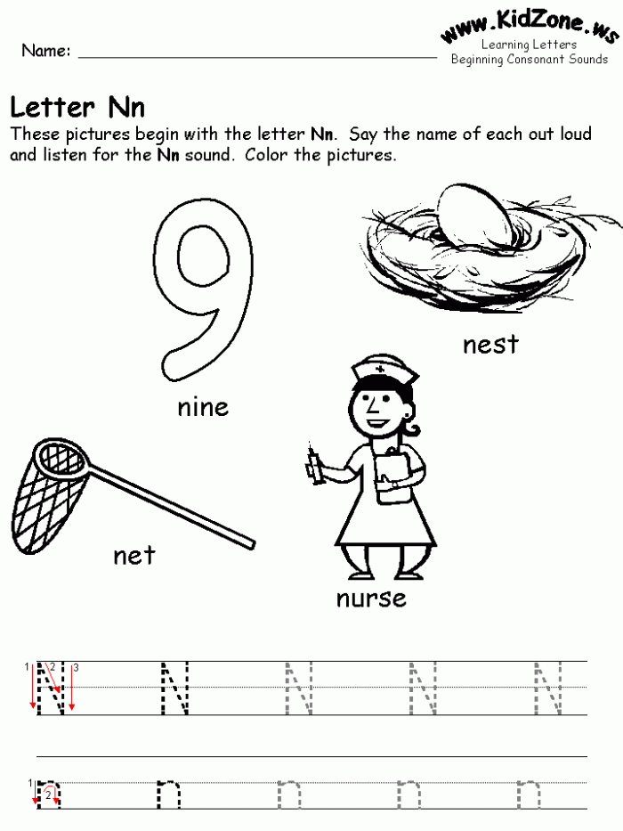Worksheet featuring items that start with the letter N for phonics practice