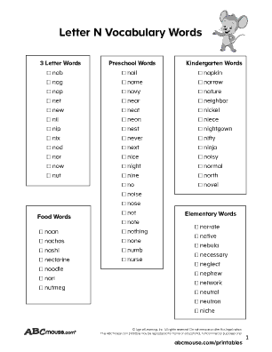 Pre-K phonics worksheet for identifying words and pictures that begin with the letter N