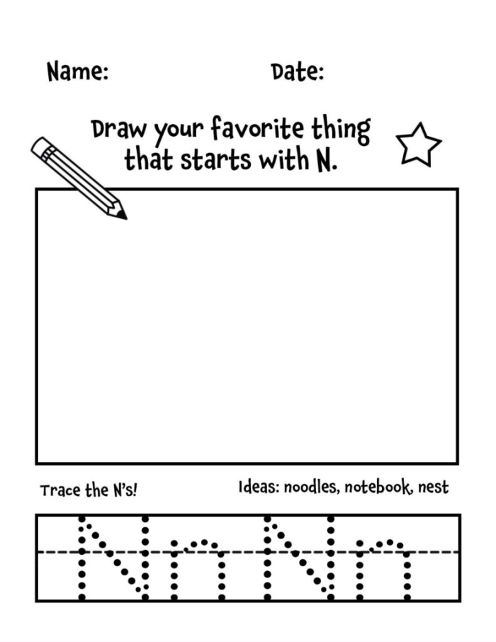 Worksheet featuring various items that begin with the letter N for phonics practice