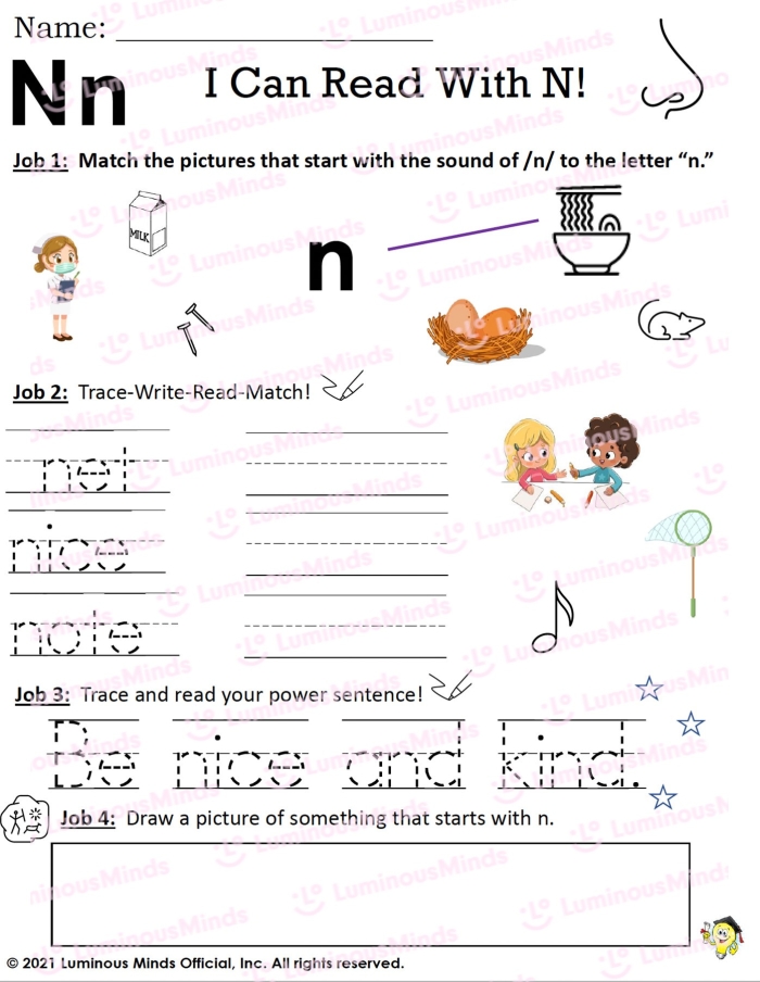 Pre-K phonics worksheet for identifying words and objects that start with the letter N