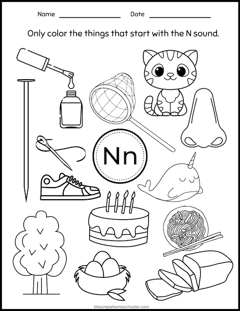 Worksheet featuring items that begin with the letter N for phonics practice. Engaging game page for Pre-K children to enhance their alphabet skills.