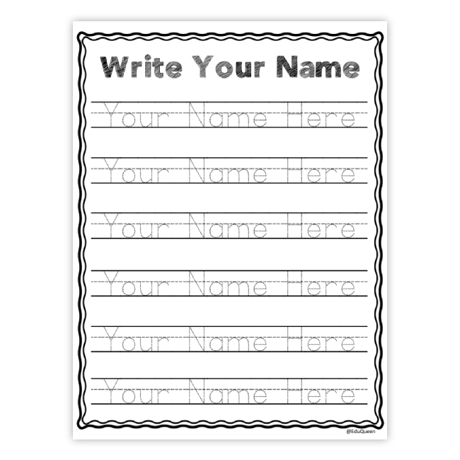 Pre-K student practicing name writing skills on a printable assessment worksheet