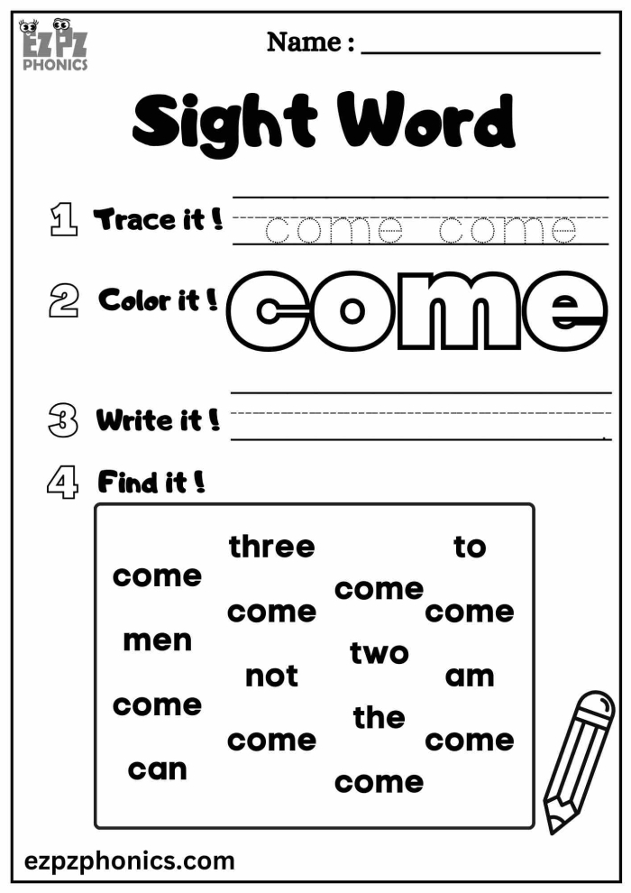 Pre-K worksheet featuring the word Come with nature-themed activities to practice sight word recognition